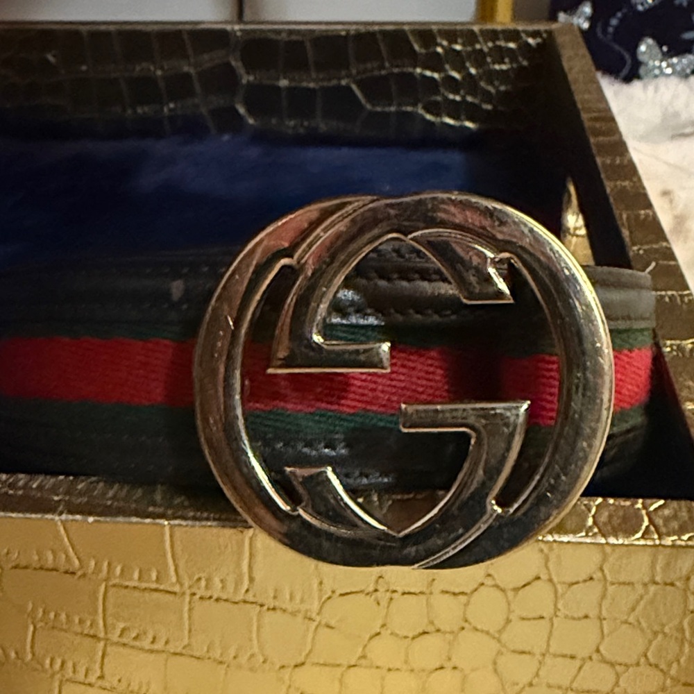 Gucci Brown, Red, and Green Stripe Belt with double g signature buckle
